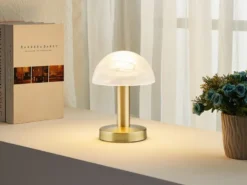 Kleine Touch Tischlampe FYNN II Messing & E14 Glasschirm Weiß, Höhe 21cm