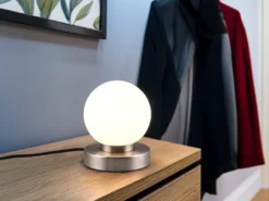 Kleine Touch Tischlampe PRINZ II Silber mit Glas Kugel Weiß, Höhe 15cm