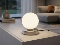 Kleine Touch Tischlampe PRINZ II Silber mit Glas Kugel Weiß, Höhe 15cm