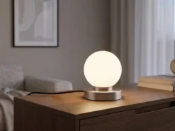 Kleine Touch Tischlampe PRINZ II Silber mit Glas Kugel Weiß, Höhe 15cm