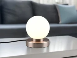 Kleine Touch Tischlampe PRINZ II Silber mit Glas Kugel Weiß, Höhe 15cm