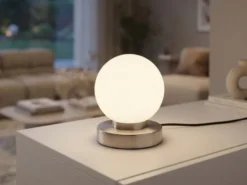 Kleine Touch Tischlampe PRINZ II Silber mit Glas Kugel Weiß, Höhe 15cm