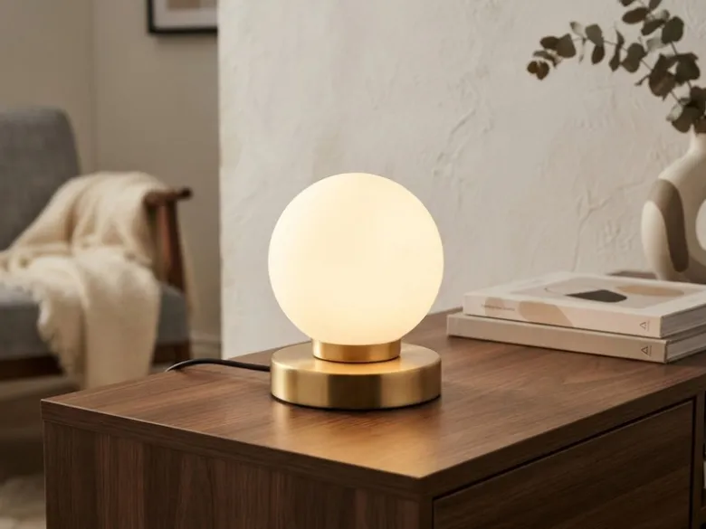 Kleine Touch Tischlampe PRINZ II Messing mit Glas Kugel Weiß, Höhe 15cm