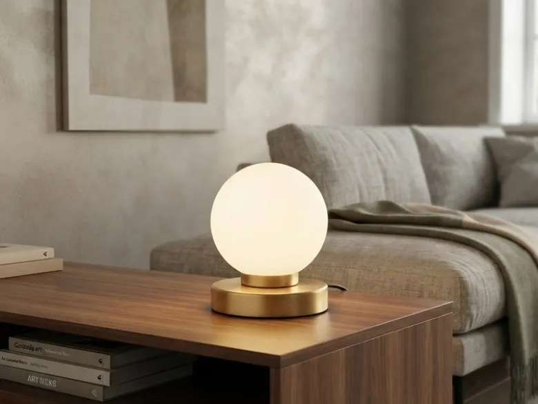 Kleine Touch Tischlampe PRINZ II Messing mit Glas Kugel Weiß, Höhe 15cm
