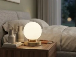 Kleine Touch Tischlampe PRINZ II Messing mit Glas Kugel Weiß, Höhe 15cm