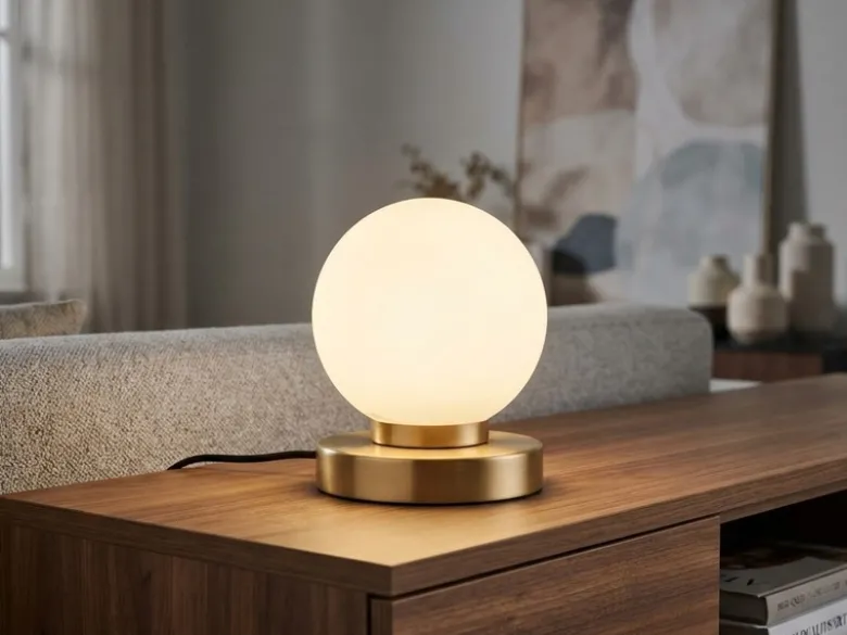 Kleine Touch Tischlampe PRINZ II Messing mit Glas Kugel Weiß, Höhe 15cm