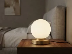 Kleine Touch Tischlampe PRINZ II Messing mit Glas Kugel Weiß, Höhe 15cm