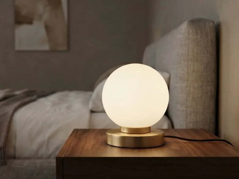 Kleine Touch Tischlampe PRINZ II Messing mit Glas Kugel Weiß, Höhe 15cm