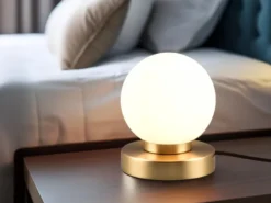 Kleine Touch Tischlampe PRINZ II Messing mit Glas Kugel Weiß, Höhe 15cm