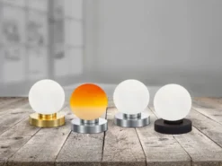 Kleine Touch Tischlampe PRINZ II Silber mit Glas Kugel Orange, Höhe 15cm
