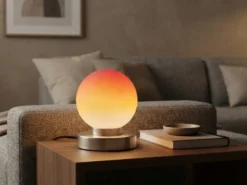 Kleine Touch Tischlampe PRINZ II Silber mit Glas Kugel Orange, Höhe 15cm