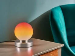 Kleine Touch Tischlampe PRINZ II Silber mit Glas Kugel Orange, Höhe 15cm