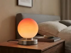 Kleine Touch Tischlampe PRINZ II Silber mit Glas Kugel Orange, Höhe 15cm
