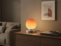 Kleine Touch Tischlampe PRINZ II Silber mit Glas Kugel Orange, Höhe 15cm
