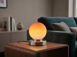 Kleine Touch Tischlampe PRINZ II Silber mit Glas Kugel Orange, Höhe 15cm
