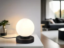 Kleine Touch Tischlampe PRINZ II Schwarz mit Glas Kugel Weiß, Höhe 15cm