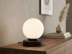 Kleine Touch Tischlampe PRINZ II Schwarz mit Glas Kugel Weiß, Höhe 15cm