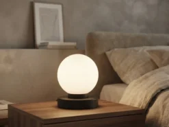Kleine Touch Tischlampe PRINZ II Schwarz mit Glas Kugel Weiß, Höhe 15cm