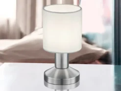 Kleine Touch Tischleuchte GARDA Silber mit Stoffschirm Weiß, Höhe 18cm
