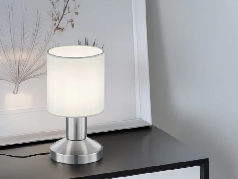 Kleine Touch Tischleuchte GARDA Silber mit Stoffschirm Weiß, Höhe 18cm