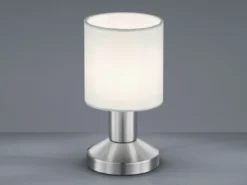 Kleine Touch Tischleuchte GARDA Silber mit Stoffschirm Weiß, Höhe 18cm