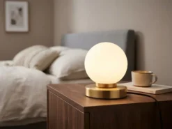 Kleine Touch Tischleuchte Messing mit Glas Kugel Weiß & E14 LED, Höhe 15cm