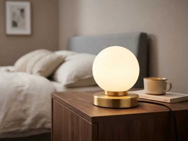 Kleine Touch Tischleuchte Messing mit Glas Kugel Weiß & E14 LED, Höhe 15cm