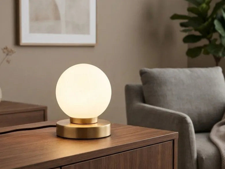 Kleine Touch Tischleuchte Messing mit Glas Kugel Weiß & E14 LED, Höhe 15cm