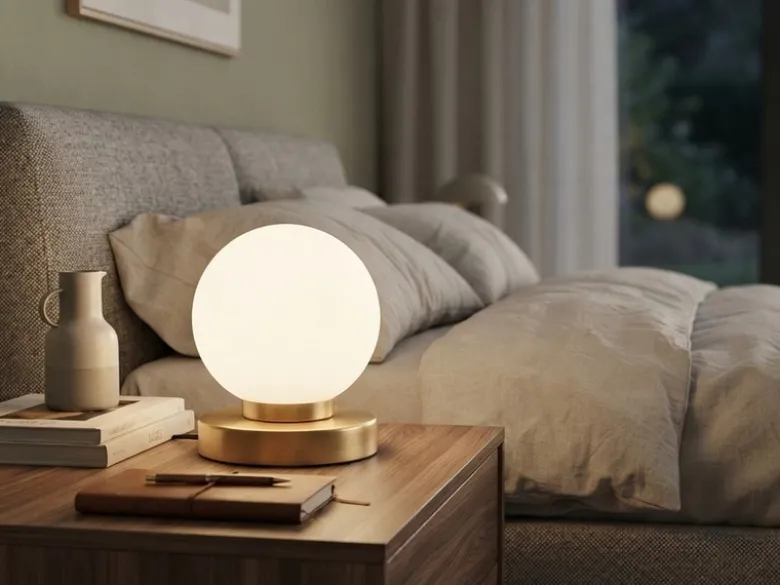 Kleine Touch Tischleuchte Messing mit Glas Kugel Weiß & E14 LED, Höhe 15cm