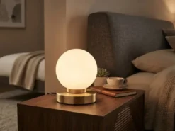 Kleine Touch Tischleuchte Messing mit Glas Kugel Weiß & E14 LED, Höhe 15cm