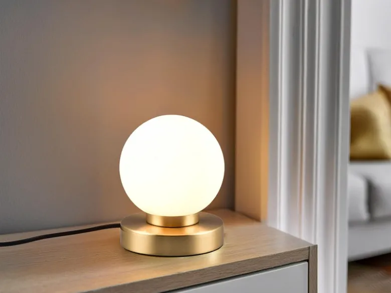 Kleine Touch Tischleuchte Messing mit Glas Kugel Weiß & E14 LED, Höhe 15cm