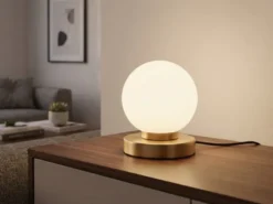 Kleine Touch Tischleuchte Messing mit Glas Kugel Weiß & E14 LED, Höhe 15cm