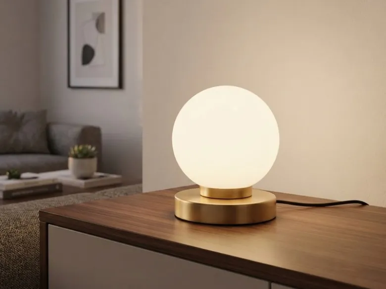 Kleine Touch Tischleuchte Messing mit Glas Kugel Weiß & E14 LED, Höhe 15cm