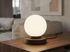 Kleine Touch Tischleuchte Rostoptik mit Glas Kugel Weiß & E14 LED, Höhe 15cm