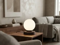 Kleine Touch Tischleuchte Rostoptik mit Glas Kugel Weiß & E14 LED, Höhe 15cm