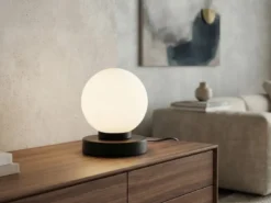 Kleine Touch Tischleuchte Schwarz mit Glas Kugel Weiß & E14 LED, Höhe 15cm