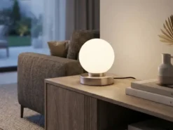 Kleine Touch Tischleuchte Silber mit Glas Kugel Weiß & E14 LED, Höhe 15cm