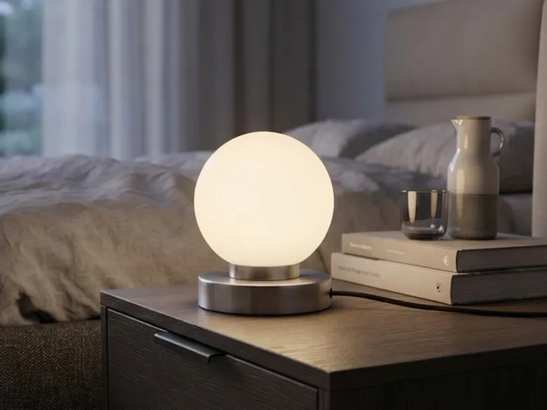 Kleine Touch Tischleuchte Silber mit Glas Kugel Weiß & E14 LED, Höhe 15cm