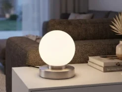Kleine Touch Tischleuchte Silber mit Glas Kugel Weiß & E14 LED, Höhe 15cm