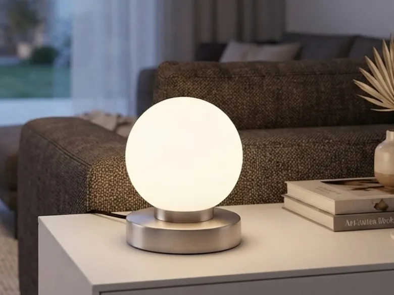 Kleine Touch Tischleuchte Silber mit Glas Kugel Weiß & E14 LED, Höhe 15cm