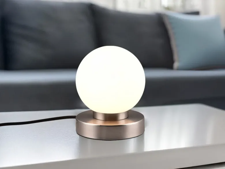Kleine Touch Tischleuchte Silber mit Glas Kugel Weiß & E14 LED, Höhe 15cm