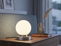 Kleine Touch Tischleuchte Silber mit Glas Kugel Weiß & E14 LED, Höhe 15cm