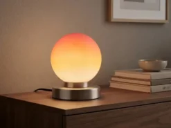 Kleine Touch Tischleuchte Silber mit Glas Kugel Orange & E14 LED, Höhe 15cm