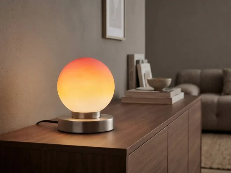 Kleine Touch Tischleuchte Silber mit Glas Kugel Orange & E14 LED, Höhe 15cm
