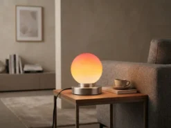 Kleine Touch Tischleuchte Silber mit Glas Kugel Orange & E14 LED, Höhe 15cm
