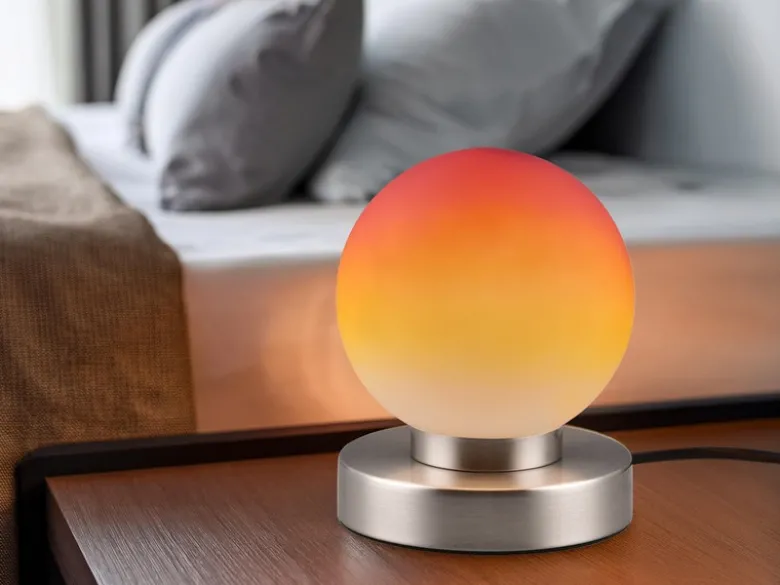 Kleine Touch Tischleuchte Silber mit Glas Kugel Orange & E14 LED, Höhe 15cm