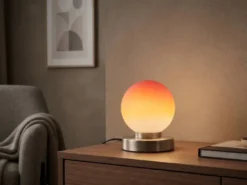 Kleine Touch Tischleuchte Silber mit Glas Kugel Orange & E14 LED, Höhe 15cm