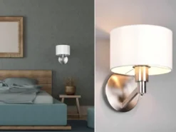 Kleine Wandleuchte CASSIO Silber matt mit Schalter & Stoffschirm Weiß