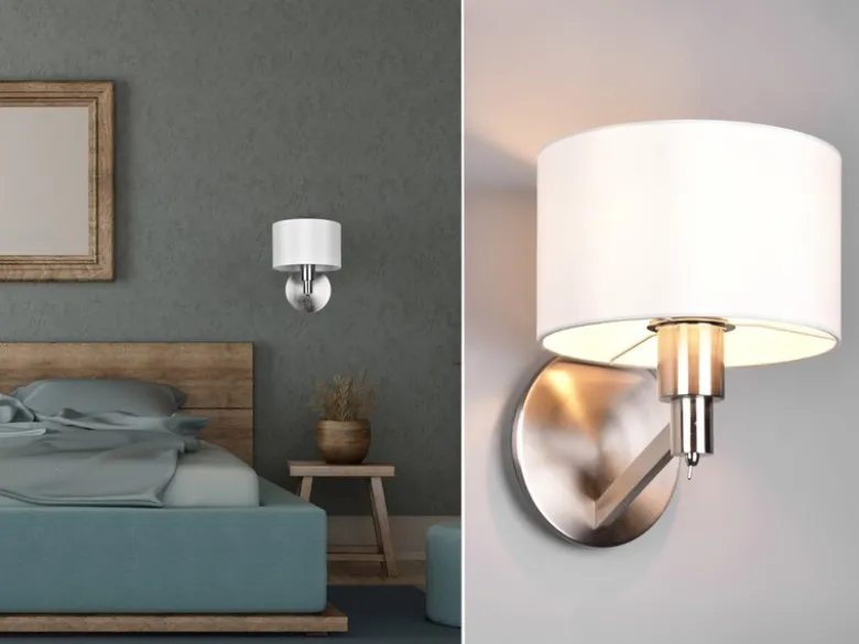 Kleine Wandleuchte CASSIO Silber matt mit Schalter & Stoffschirm Weiß