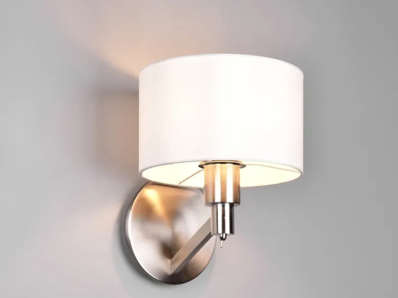Kleine Wandleuchte CASSIO Silber matt mit Schalter & Stoffschirm Weiß